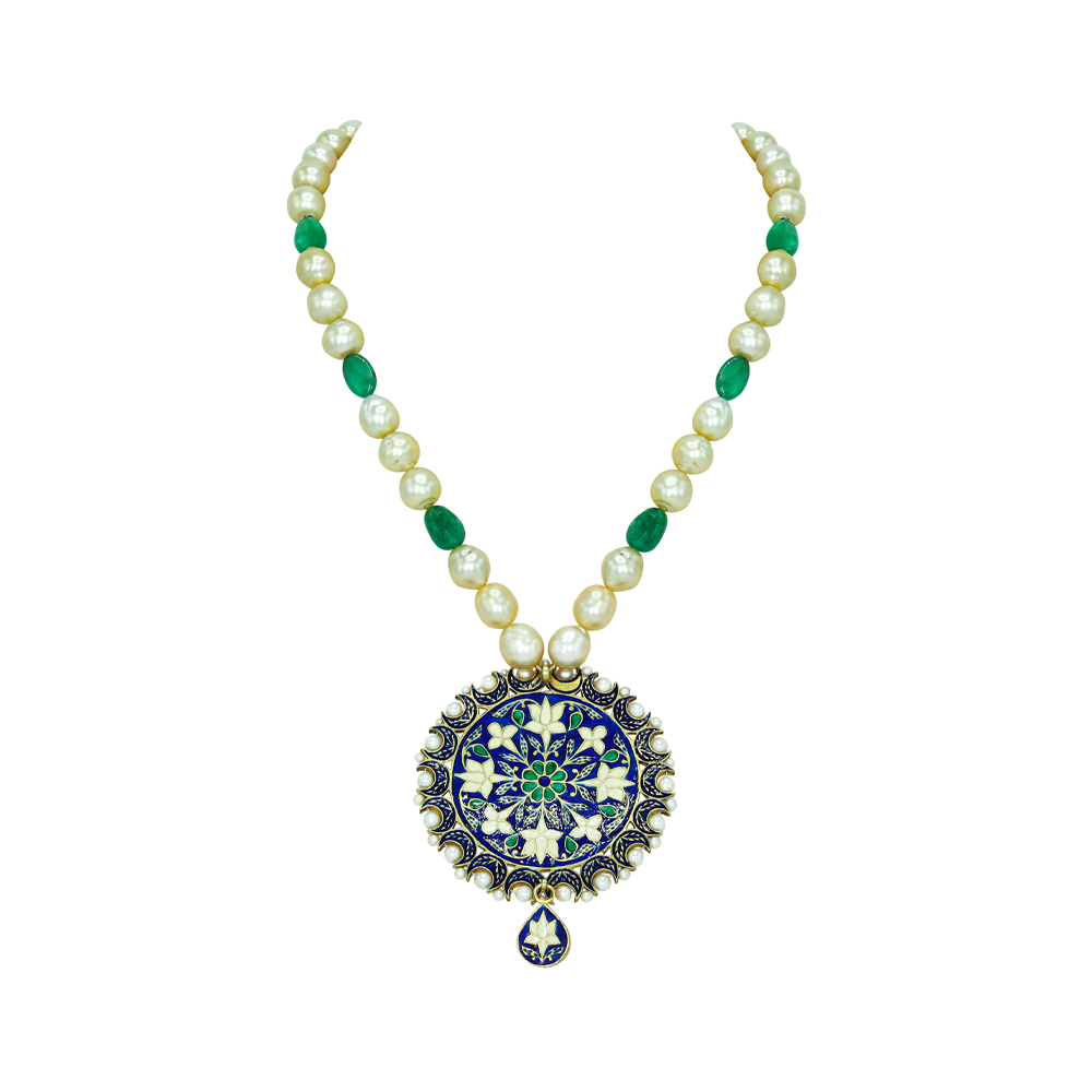 Ivory-Mint Enamel Pendant Necklace with Pearls and Emeralds